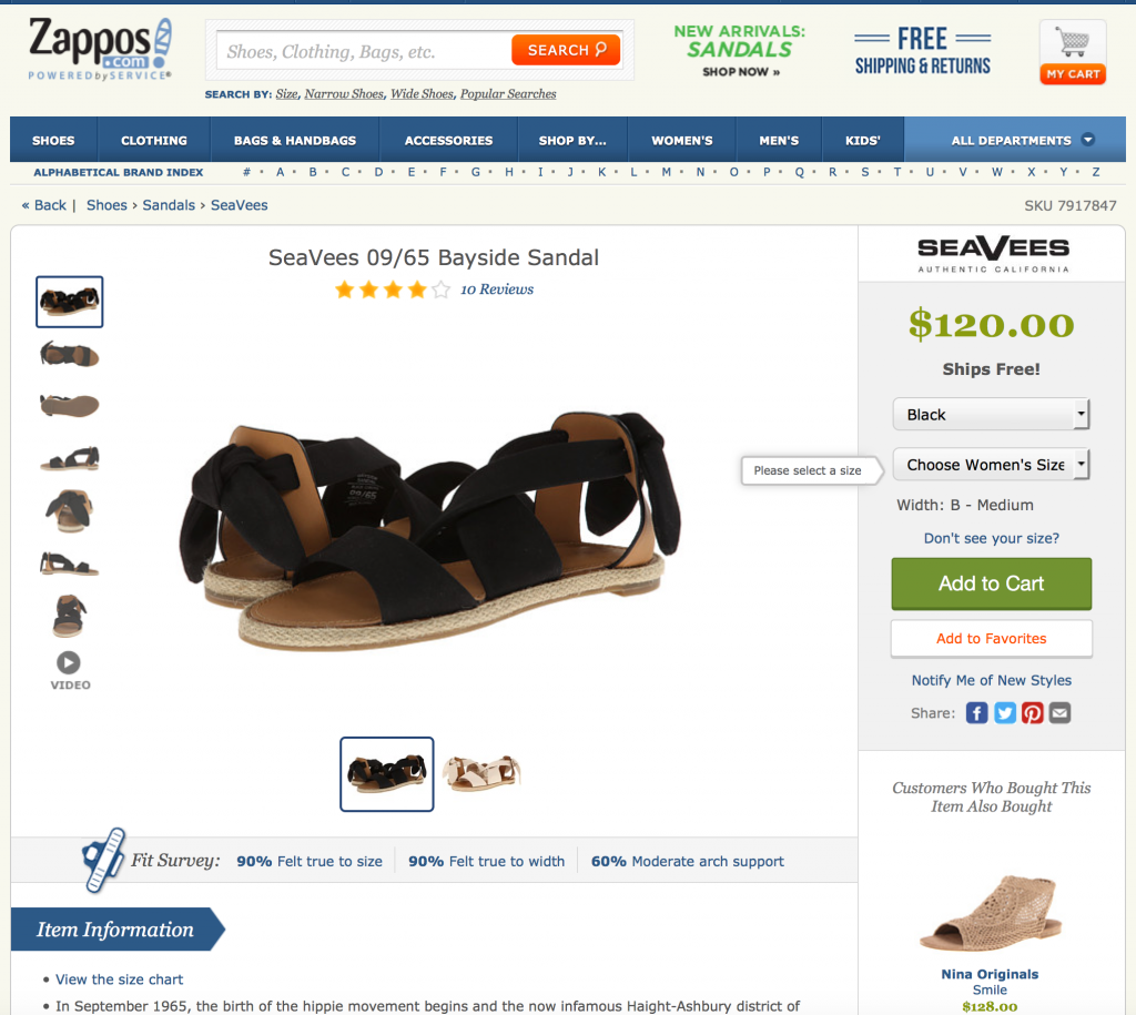 Zappos - fiche produit standard